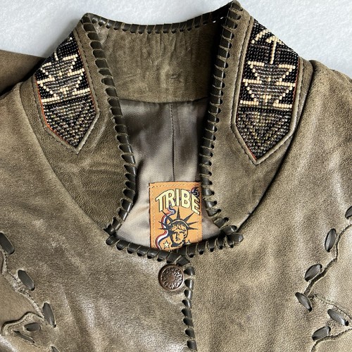 Vtg Tribe Leather Jacket Western Style Beaded Collar Detailed Stitching Brown Sm - Picture 15 of 18