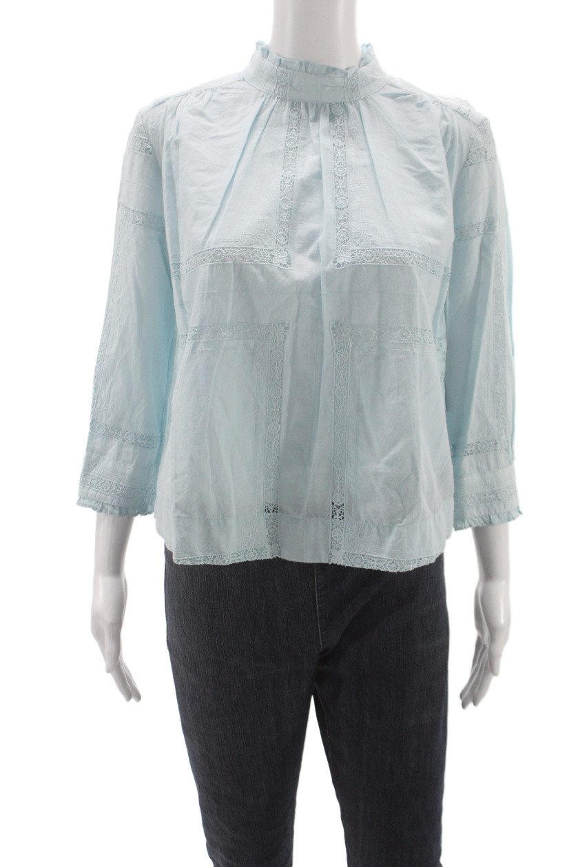 Sea New York Women Boho High Neck Button 3/4 Sleeve Light Blue Blouse Size 0Free Shipping in US $100+ Orders | $6.95 Orders Below