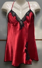Fredericks Of Hollywood Vintage Large Red Satin Black Lace Slip Dress Nightgown