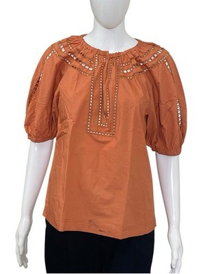 Ulla Johnson Damen Ösen Bestickt Orange Baumwolle Bluse Tunika Top GRÖSSE S 4