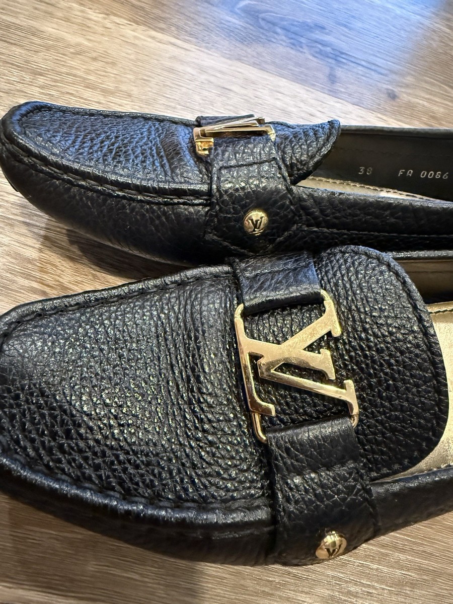 Louis Vuitton womans loafers shoes black Leather With Gold
