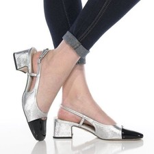Sam Edelman Tarra Slingback Pump Heels Cap Toe Metallic Silver Black 7.5 - NWOB