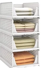 Stackable Plastic Storage Baskets 4 Pack Teir Foldable Organizers White Vented 