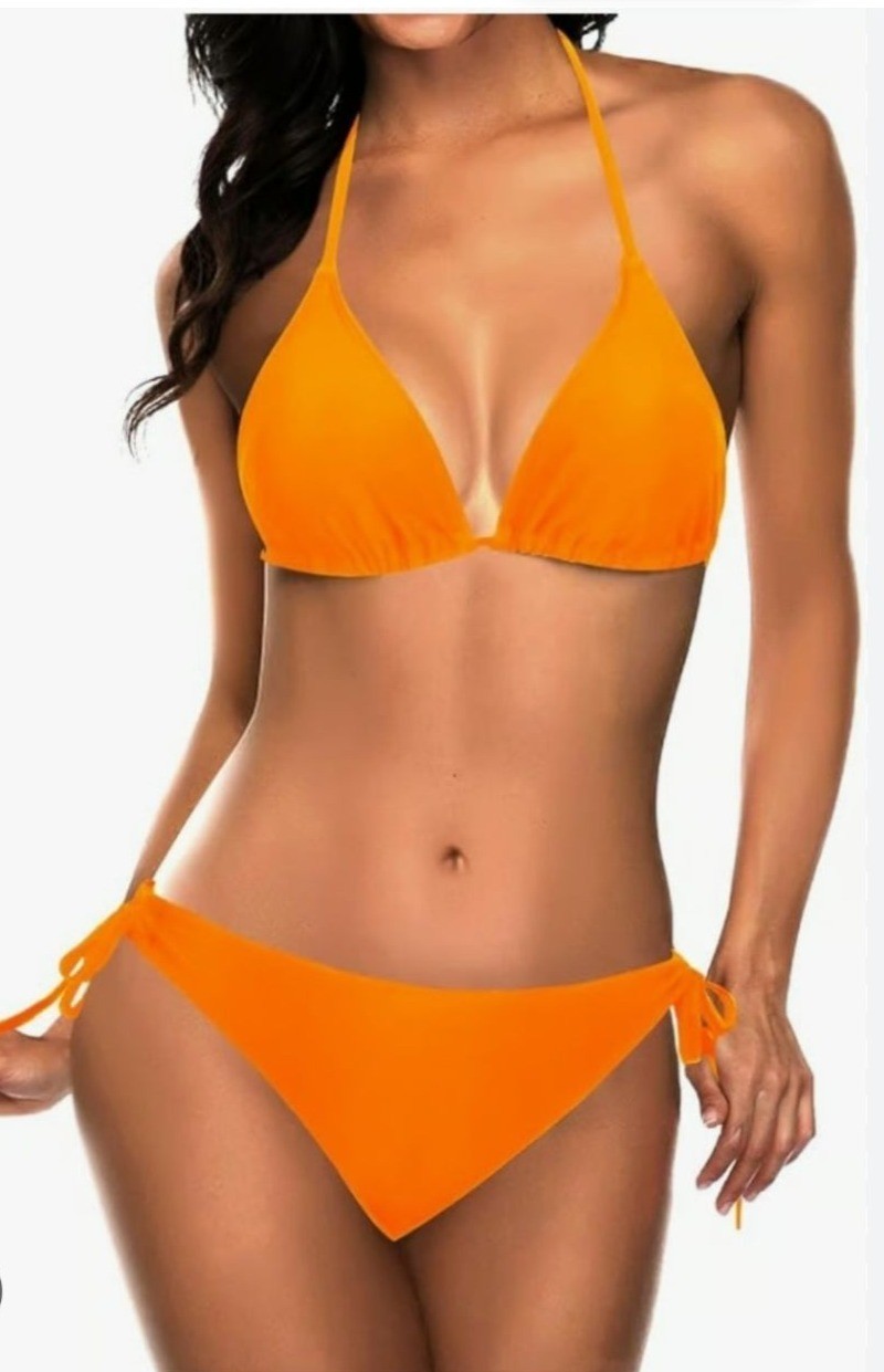 Tempt Me Womens Med 2 Pc Halter Triangle Bikini Adj Tie Sides Bright Orange