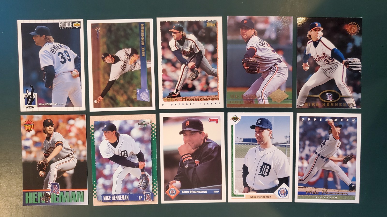 MIKE HENNEMAN - LOT OF (10) DIFFERENT CARDS - Topps Donruss UD 1991-1996 Tigers