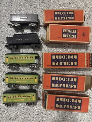 Lot Of Lionel O Gauge Cars & Tender With Boxes: 1689t, 6020W, 608, 607, 607