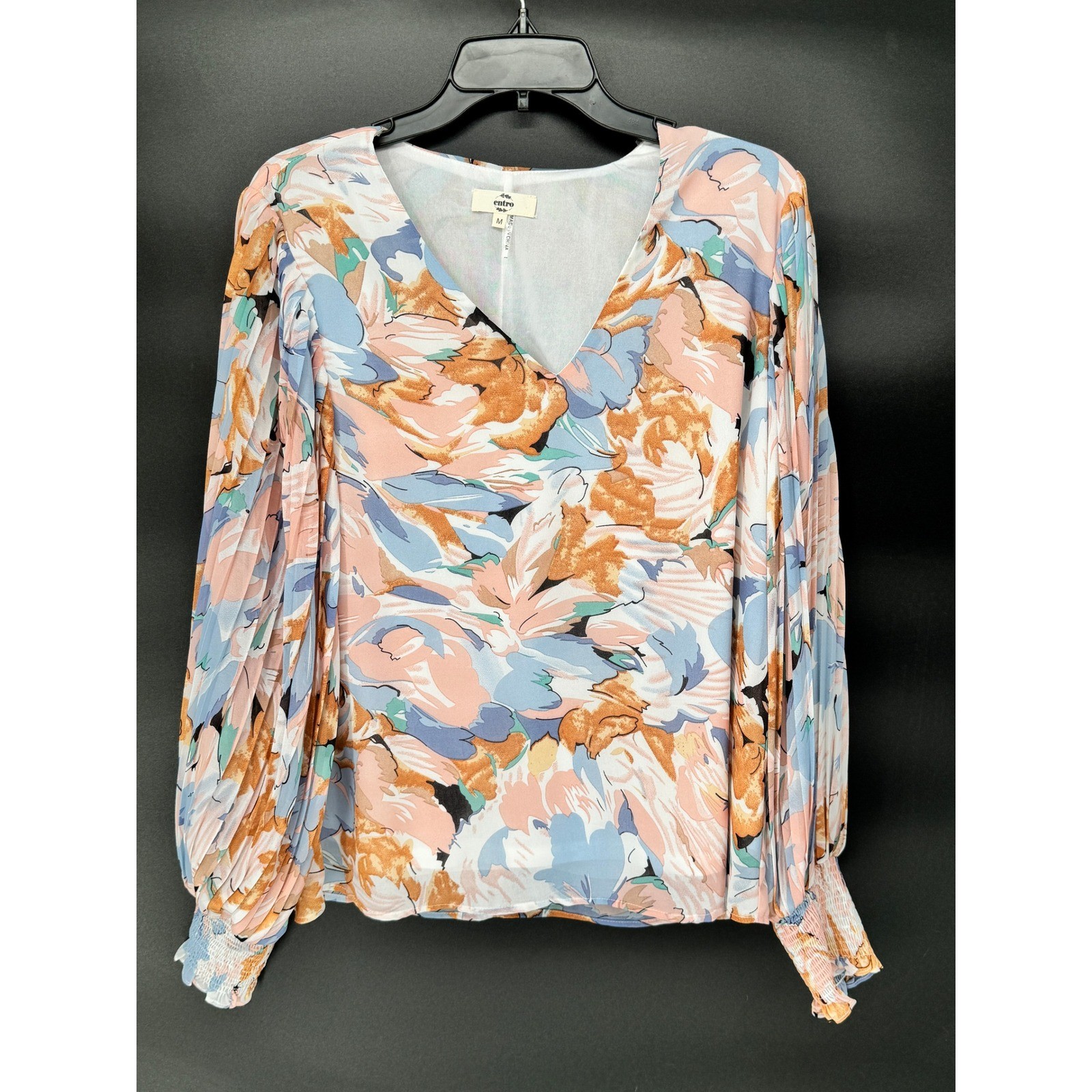 Entro Floral V-Neck Blouse Womens Medium Multicolor Excellent Pleated Smocked
