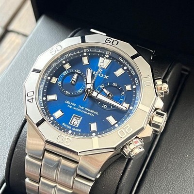 EdoX Delfin Chronograph Quarzuhr blaues Zifferblatt Edelstahl gebraucht aus...