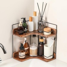 2-Tier Bathroom Counter Organizer, Wooden Corner Shelf for Vanity Countertop Ski
