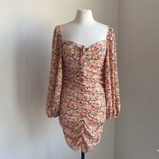 SHEIN Ruched Dress Womens Sz Large Floral Orange Red Long Sleeve