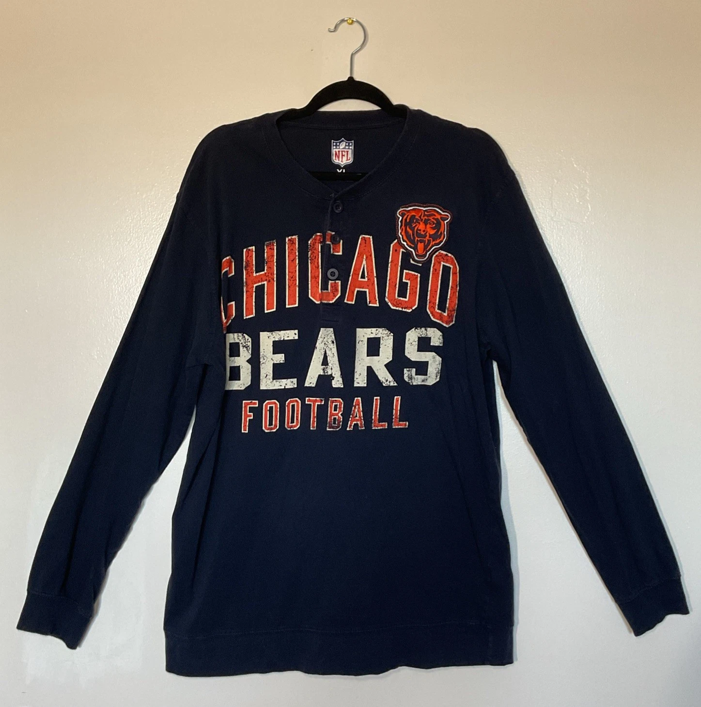 Chicago Bears Mens T Shirt Medium Navy Cotton Henley NFL Team Size XL
