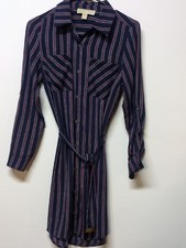 Michael Michael Kors Navy Striped Roll-Tab Sleeve Shirt Dress with Belt, Size 2