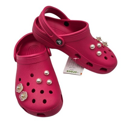 Crocs Classic Pink Retro Boho Clogs Faux Pearls & Daisy  Womens Size 7 New