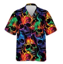 Flame Skull Hawaiian Shirt, Gothic Aloha Button Down