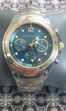 Geoffrey Beene Chronograph Watch Blue Dial Seconds Date Stainless Gold Accents 