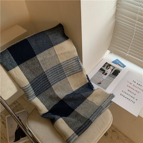 Neuer blau karierter Schal gestrickt Wolle Kaschmir warm Wollschal Herbst DE - Bild 10 von 12