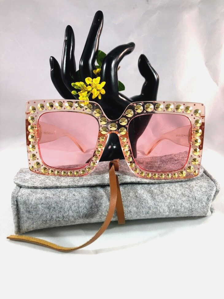 Fashion Square Oversize Pink Rhinestone Sunglasses for Women UV400 Protection  -image