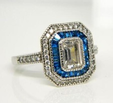 Art Deco Style Octagon Blue Crystal Halo Clear CZ Ring by QG Sterling Silver 925