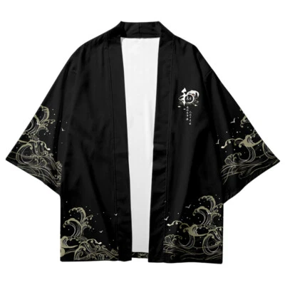 Herren Japanische Kimono Mantel Fliegen Crane Offen Vorne Strickjacke Yukata - Bild 1 von 4