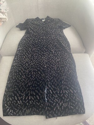 Another Thyme Vtg Velour Mandarin Neck Button Down Maxi Blk W/Glitter Design 18