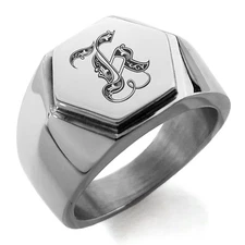 Stainless Steel Royal Initial Monogram Letter K Mens Hexagon Crest Signet Ring