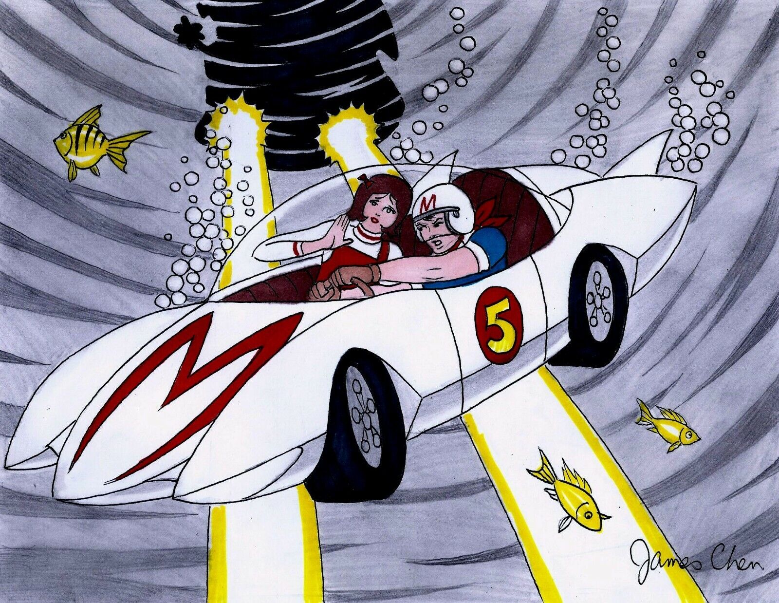 SPEED RACER & THE MACH 5 ORIGINAL COMIC ART COLOR SKETCH 2 ON CARD STOCK