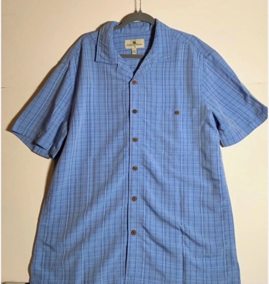Island Shores Mens Short Sleeve Button Up Blue Check Shirt Size Large