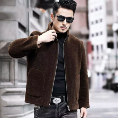 Winter Stand Collar Men Real Lamb Wool Fur Shearling Coat Reversible Jacket Warm