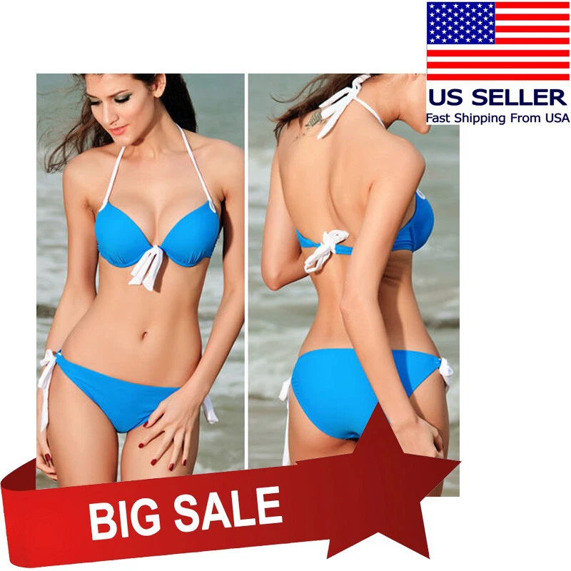 Blue Women Bikini Pin Up Padded Bra Beach Swimsuit Bathing Suit Swimwear  S-M USA