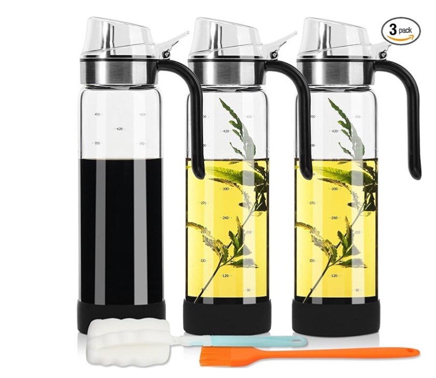 3 PCK GLASS OIL DISPENSER 450ml With Bottle Brush and Oil Brush Farmhouse