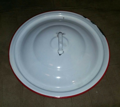 Coperchio di ricambio smaltato bianco vintage bordo bordo bordo rosso per pentola/padella 8" fattoria - Foto 1 di 5