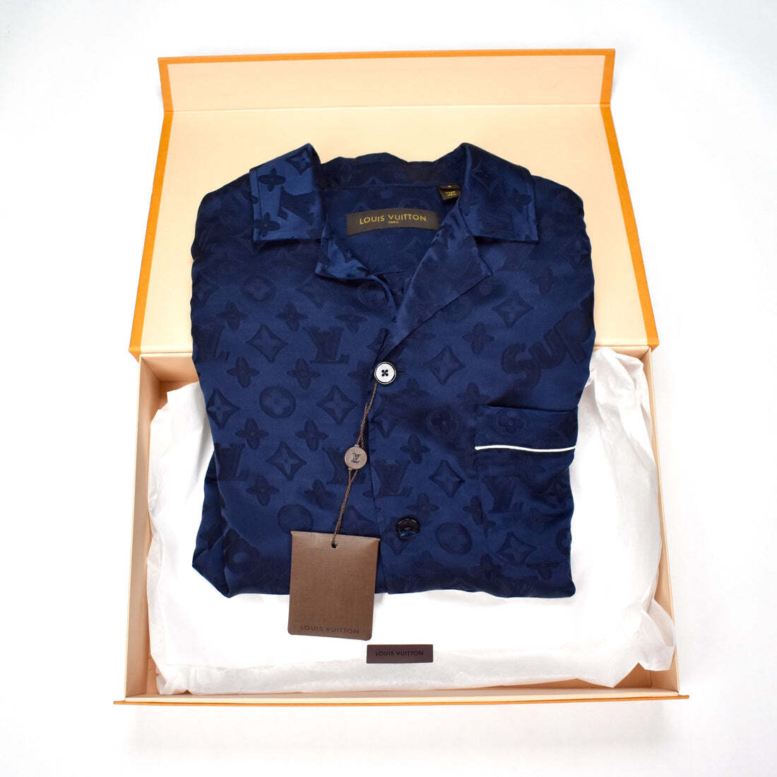 NWT Supreme Louis Vuitton SS17 Monogram Pajama Shirt Silk Navy Men's S AUTHENTIC image 2