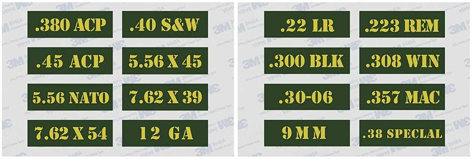 Raiseek Ammo Can Vinyl Stickers - 16 Pack Caliber Labels For .223, 9MM, .308, 5.56, 12GA, 3x1 Inch Weatherproof