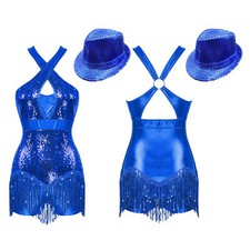 Womens Set Samba Dancewear Tango Outfit Sequins Leotard Metallic With Hat Soft