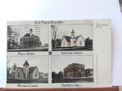 Vtg Postcard. Multiple views of Erie public buildings ,Illinois. PMK 1907 (M21)