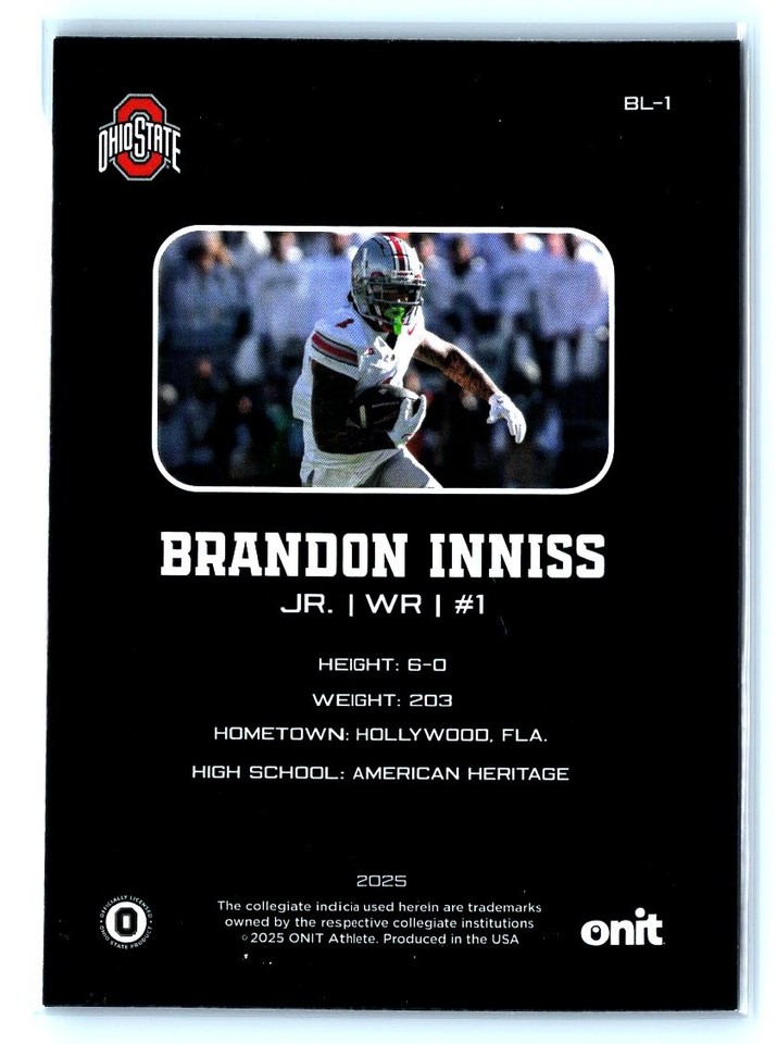 2025 ONIT Ohio State #BL-1 Brandon Inniss Blackout Team Color /199 | eBay