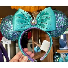 Disney Parks Teal Jeweled Blue Sequin Minnie Mickey Mouse Ears Bow Headband NWT