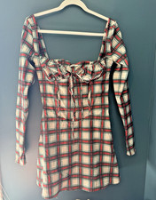 House of CB Malika Red Tartan Corset Mini Dress M Lace Up Back Long Sleeve