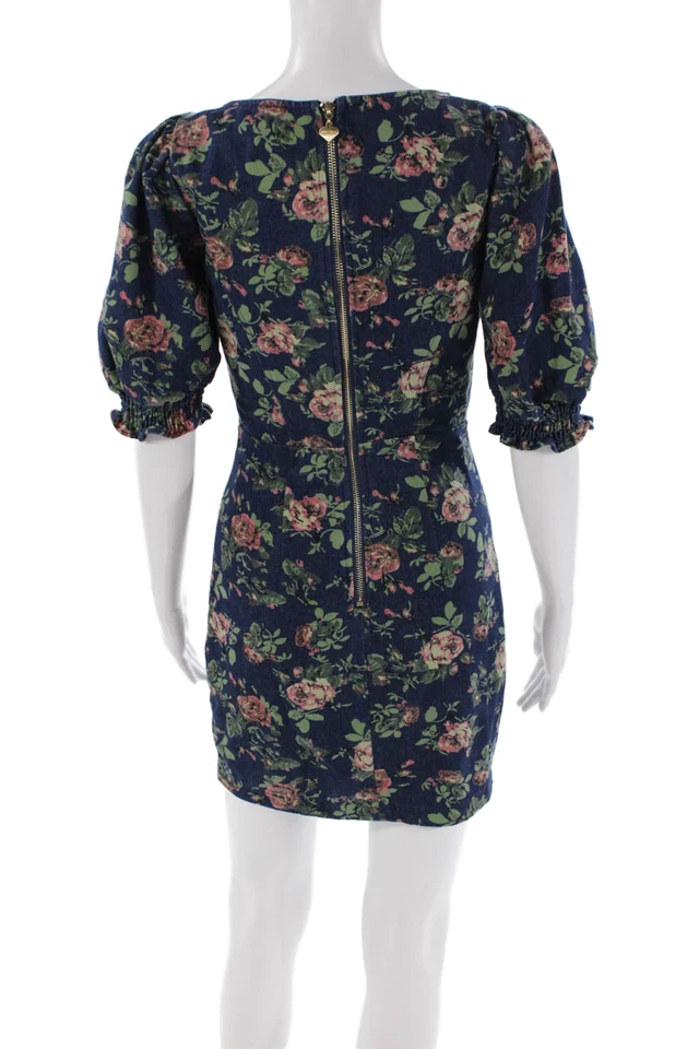 Betsey Johnson Womens Floral Square Neck Puff Sleeve Denim Dress Blue Size XS - Image 3 of 4