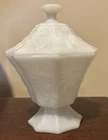 Vintage Milk Glass Anchor Hocking Grapes & Leaves Footed Candy Dish with Lid
