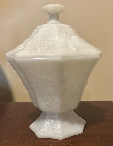 Vintage Milk Glass Anchor Hocking Grapes & Leaves Footed Candy Dish with Lid