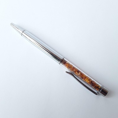 Metal ballpoint pen decorated with Baltic amber gemstone refillable  pen