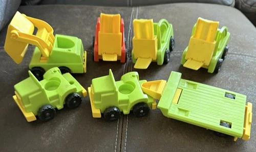 Vintage Fisher Price Little People Construction Vehicle Lot 7 Pieces Lift & Load
