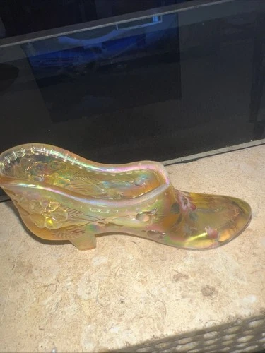 Fenton Amber Carnival Glass Shoe 50th Anniversary HTF Vintage Signed Hand Painte