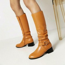 Women's Zip Low Heel Round Toe Flat Slouch Mid Calf Knee High Boots Casual Shoes