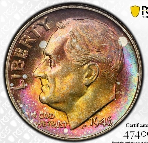 1946 Roosevelt Dime. Silver. MS66 FB Full Bands. Monster Toned