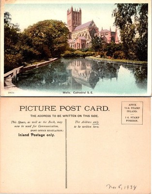 Wells Cathedral SE Postcard Somerset England Vintage Unposted Dated Nov 5 1934