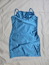 Blue Satin Slip Dress Cowl Neck Spaghetti Strap Bodycon Party Club Dress Size M