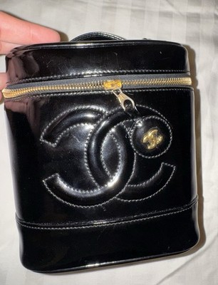 Vintage CHANEL Vertical Tall Vanity Bag Black Patent Leather Gold Hardware