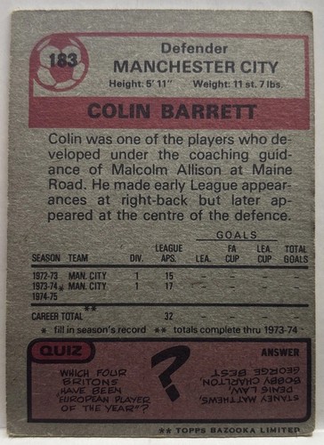Topps Football 1975 - # 183 - COLIN BARRETT - Manchester City - Picture 2 of 3